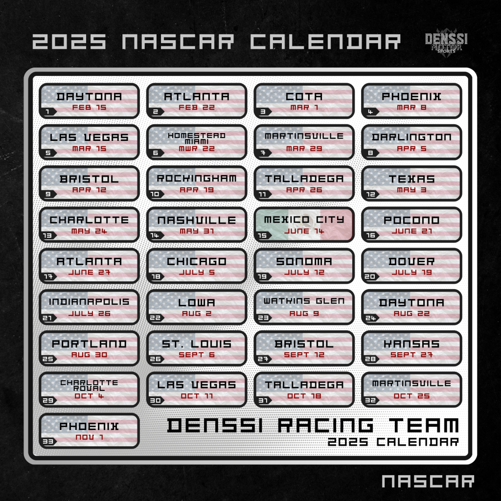 NASCAR 2025 Season Schedule on a black background with a grid in grey and solid silver